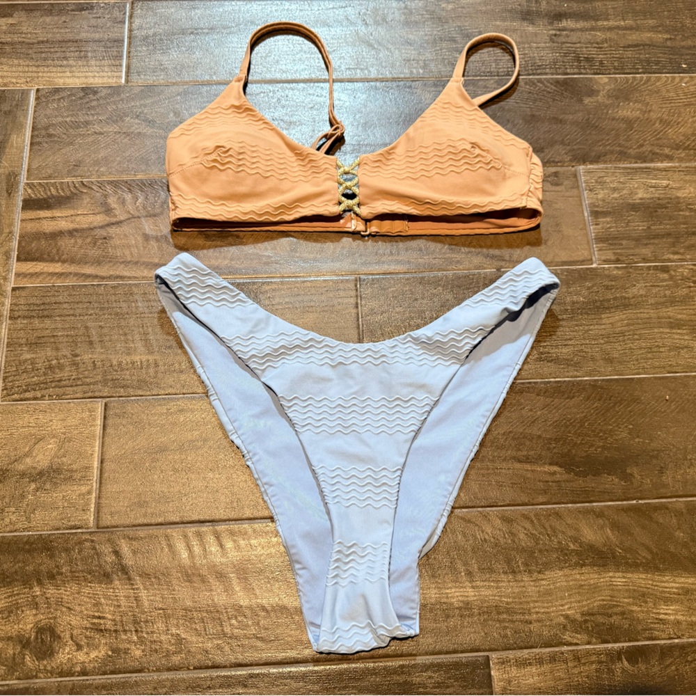 Aerie Jacquard Bikini set mix match sky blue tan